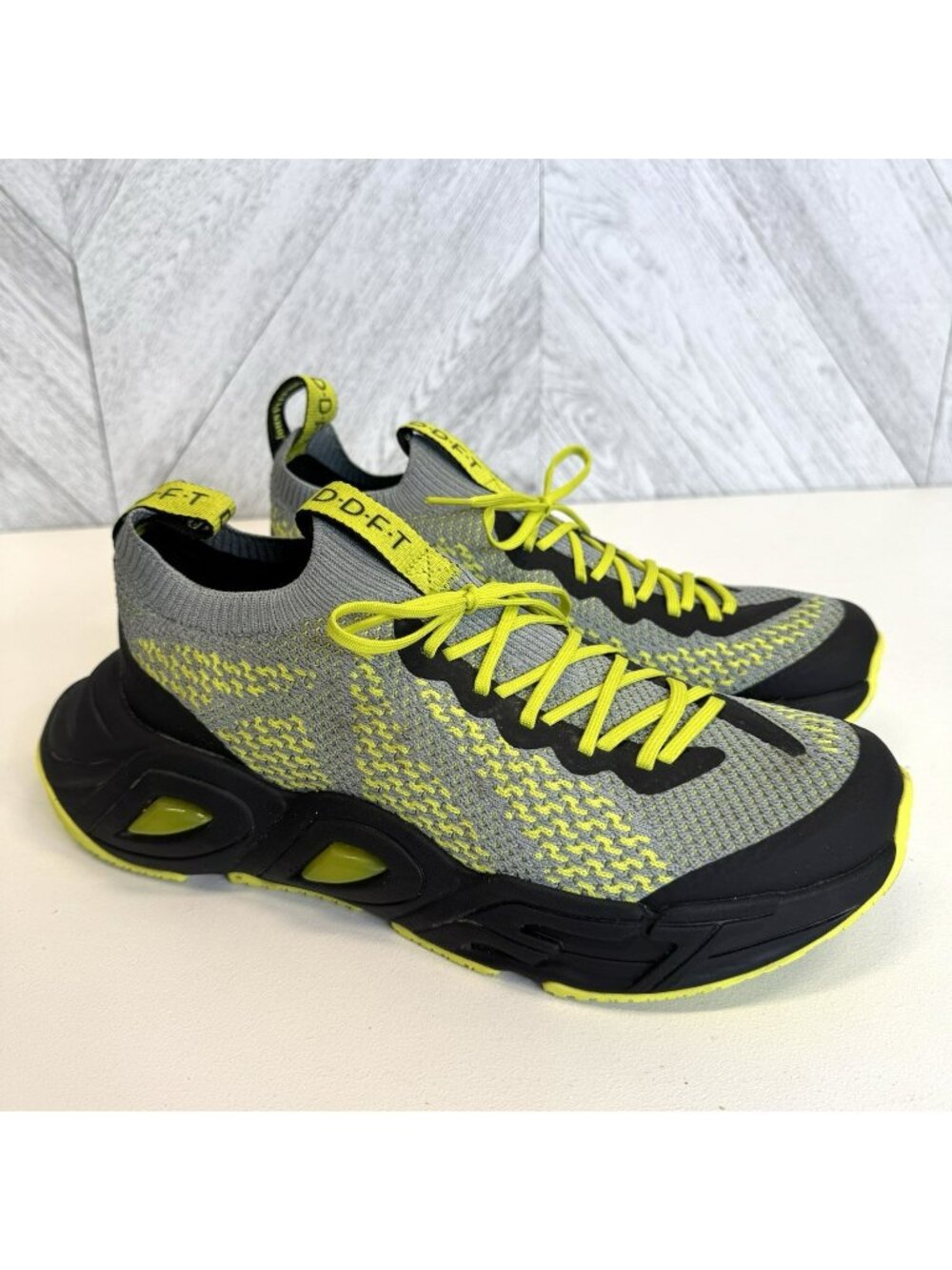John Fluevog Velocity Prism Sneakers Shoes Breathable Knit Gray Neon Yellow